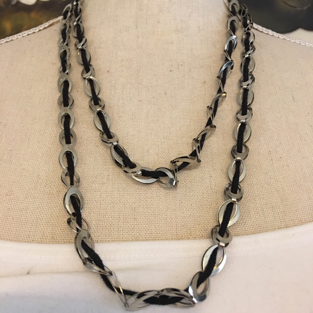 Soft black ribbon woven silver link necklace